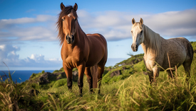 two horses standing along the coast in hawaii