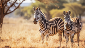 two zebras with sunlight in the background