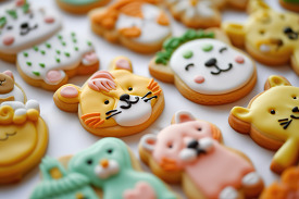 variety of cute iced cookies shaped like cats and other animals