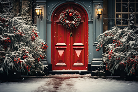 vibrant red door adorned with a festive christmas wreath