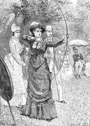 Victorian woman with bow and arrow spectators in the background