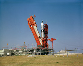 View of the Gemini Titan 4 spacecraft on Pad 19 on day of launch