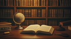 Vintage Wooden Desk Filled With Academic Tools in Warm Glow