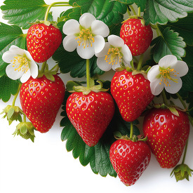 vivid image of a cluster of strawberries with blooms on a white 