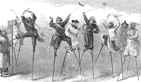 walking on stilts in china historical illustration