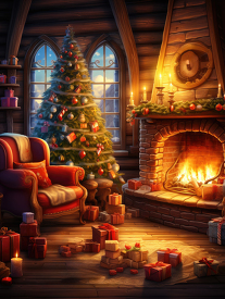 warm and inviting Christmas setting where candles and a tree illuminate a room