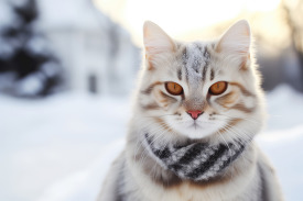white and grey cat wearing a scarf in the snow