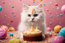 white cat sitting on a table with a birthday cake surrounded by 