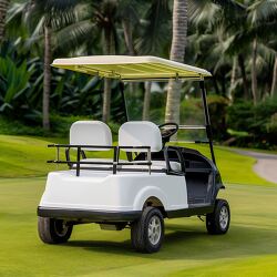White golf cart parked on a golf course