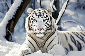 white tiger resting in the snow covered winter wonderland