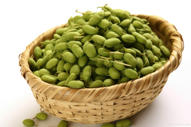 whole fresh soybeans in a basket