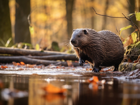 Wild beaver jumps into the water