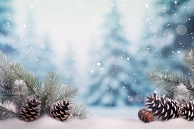 winter background with snow-covered fir branches and pine cones