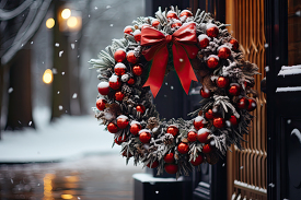 winter scene captures a wreath hanging on a bright wood door