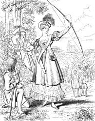 Woman in historical dress aiming a bow in a forested setting