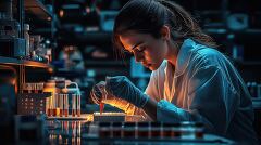 Woman Scientist Examines Test Tube in Biology Lab