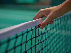 Woman's Hand Gently Touching Tennis Net on Green Court