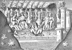 women gathering outdoors of a castle illustration