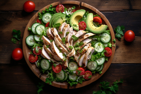 wooden bowl filled with chicken salad chicken avocado tomatoes a