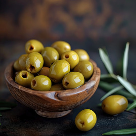 wooden Bowl filled with Green olives decorated with leaves