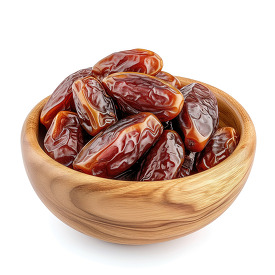 wooden bowl on white background filled with dried date fruit