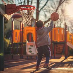 young child shoots basketball towards the hoop