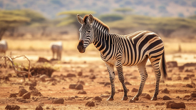 zebra standing in the savanna in africa on bright sunny day