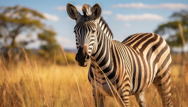 zebra standing on the grasslands in africa with scattered trees