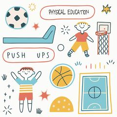 llustration of physical education concepts with kids, sports equipment, and an activity court