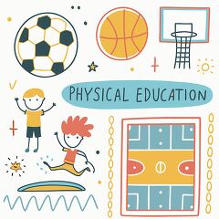 Fun illustration of physical education with children playing sports like soccer and basketball, featuring a gymnasium and activity elements