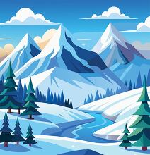 picturesque winter snow filled mountains pine trees and river