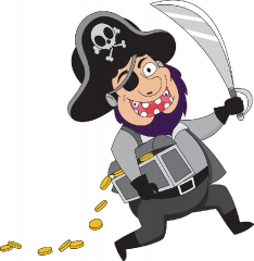 pirate running with chest of gold coins clipart