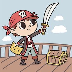 pirate stands on a ship deck holding a sword and a treasure map