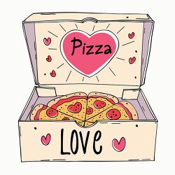 pizza box featuring Love and heart designs with a pizza inside c
