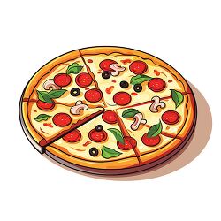 pizza topped with pepperoni olives mushrooms and basil clipart
