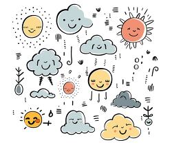 playful collection of suns and clouds with happy faces
