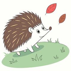 playful hedgehog surrounded by falling autumn leaves