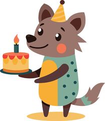 playful hyena wears a party hat holds a birthday cake