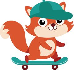 playful squirrel wearing a teal and orange cap rides a skateboard