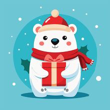 polar bear standing in the snow holding a gift box