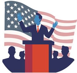 politician delivering a speech at a podium with an american flag