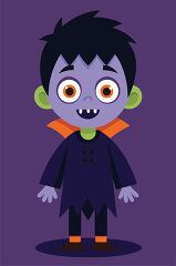 purple skinned vampire child smiling with bright orange eyes