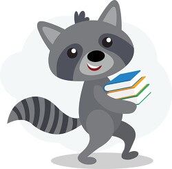 raccoon character walking with books clipart