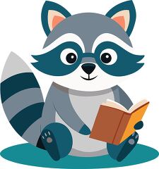 raccoon sits while holding and reading an open book