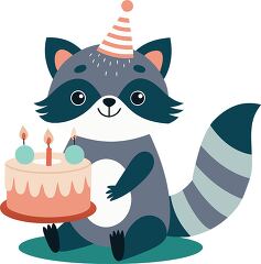 raccoon wearing a party hat presents a large decorated cake