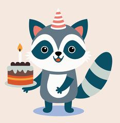 raccoon wearing a striped party hat holds a birthday cake with a