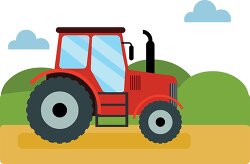 red Tractor on dirt roadwith green hills in background Clipart