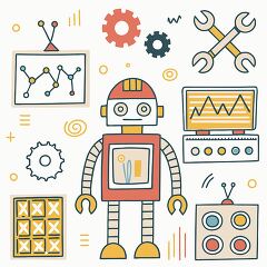 Illustration of robotics concepts with a humanoid robot, gears, tools, and data graphs