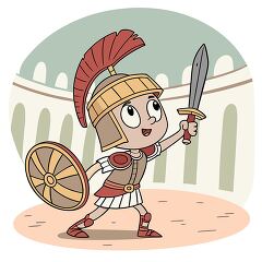 Roman gladiator stands with a sword and shield in a grand arena