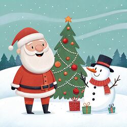 Santa Claus standing next to a snowman and a decorated Christmas